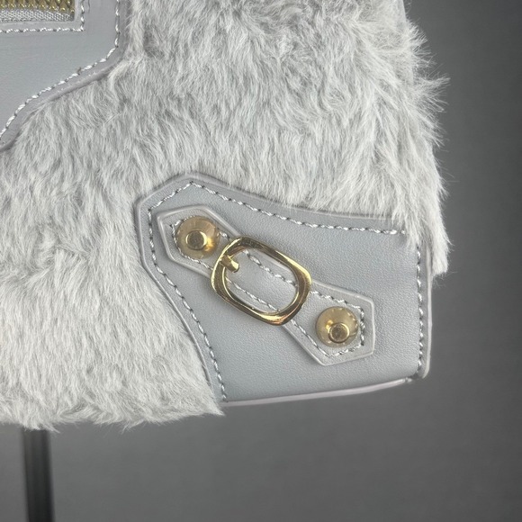 Winter Furry Satchel Top Handle Purse Gray Faux Leather Gold Accents Crossbody - Picture 3 of 12